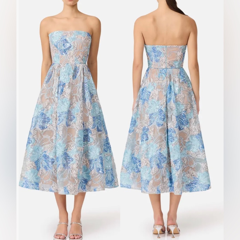 Elliatt Strapless Floral Lace Midi Dress in Light Blue and Nude